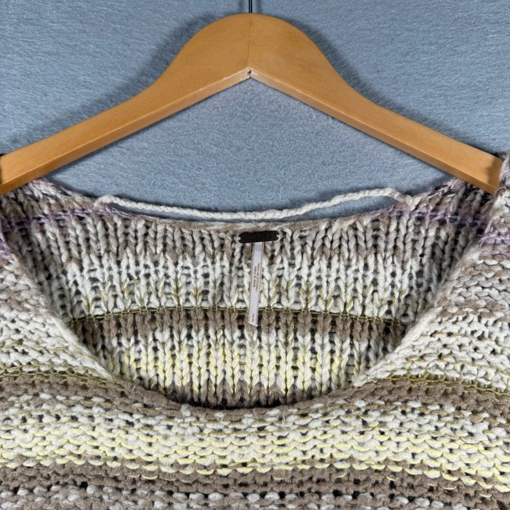 Free People Chunky Knit Striped Cropped Sweater Tan Cream Wool Blend S/P